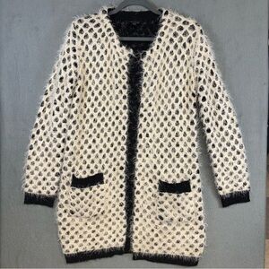 Two Sisters / ii Sisters Cream & Black Soft Fuzzy Long Cardigan SWEATER, Sz S